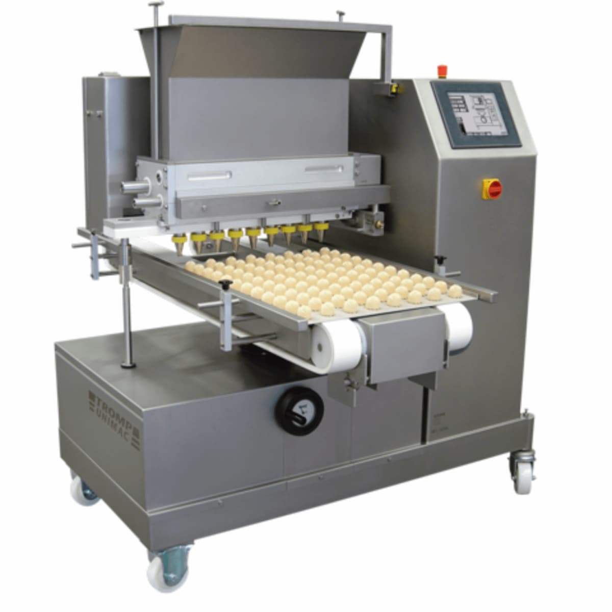 The TRUMP UNIMAC is a universal electronic machine that allows the production of a wide range of cookies and pastries, including rotary frosting and wire cut. The machine is suitable for bakeries and confectionery factories, and includes many programming options, a touch screen for maximum convenience, and maximum accuracy. The UNIMAC offers an efficient and modular solution with the possibility of future upgrades