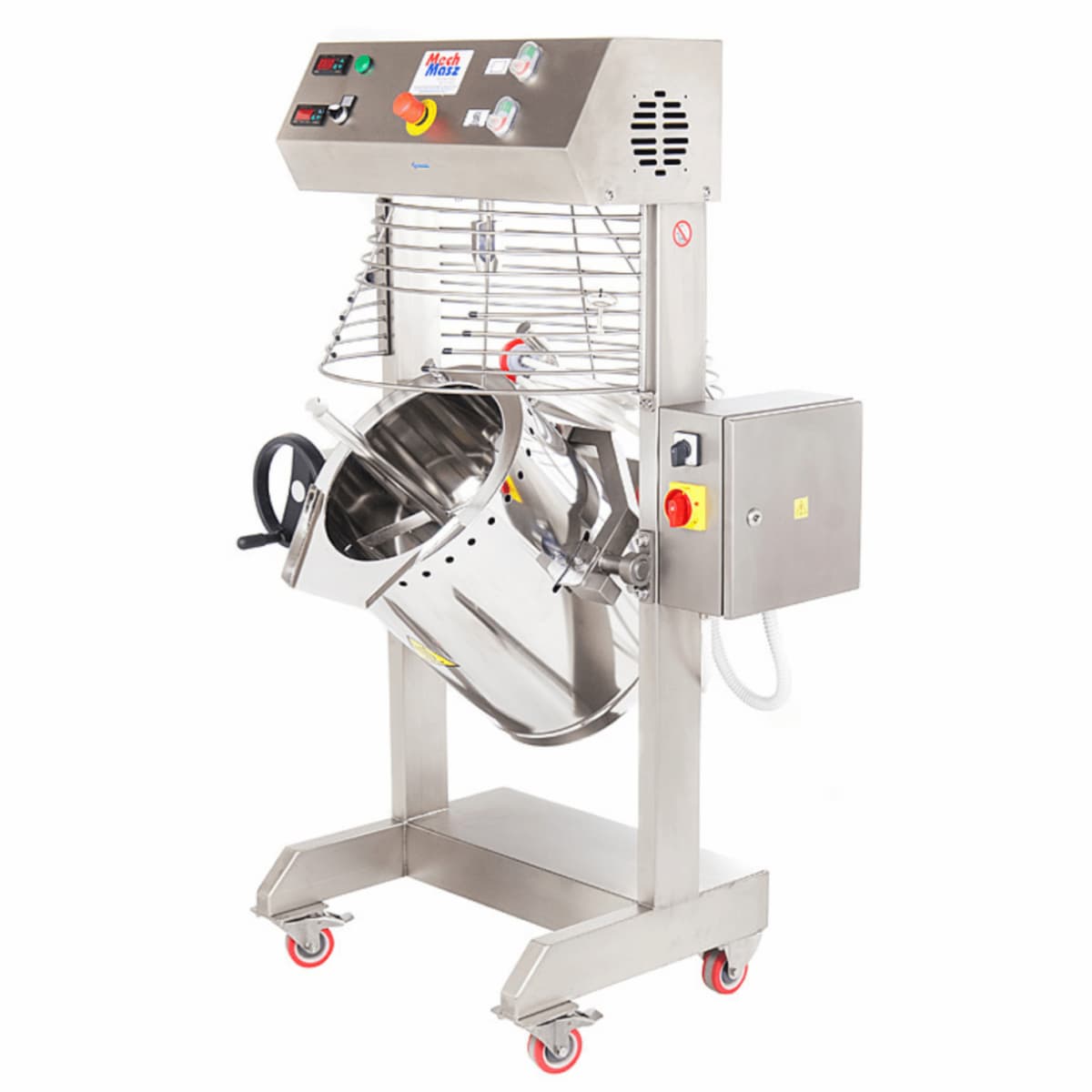 Cuocicrema electric cooking device designed for use in confectioneries, bakeries and manufacturing plants, with the option of cooking creams, jams, chocolate, marzipan and more. Device with volumes of 30-500 liters, made of corrosion-resistant stainless steel, including a timer, temperature regulator, and side scraping blades. Option for an LCD control panel for programming recipes and includes a laser sensor for product temperature  