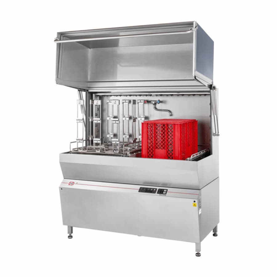 JEROS ACE industrial dishwasher for professional cleaning of weighing accessories, combiners and industrial equipment in bakeries and confectioneries, with universal clamps and high-temperature washing for perfect disinfection.